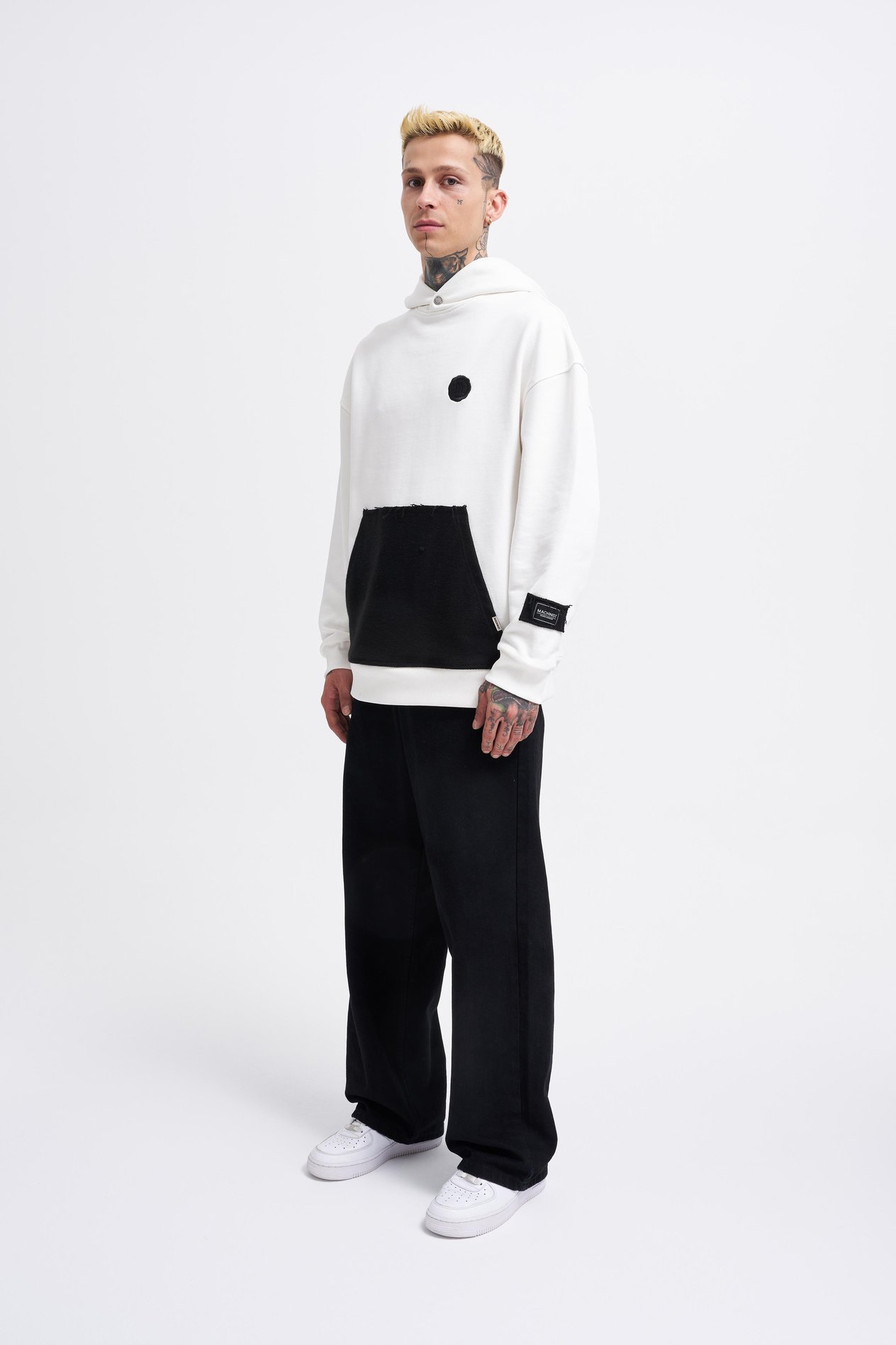 Erkek Contrast Patchwork Hoodie ECRU