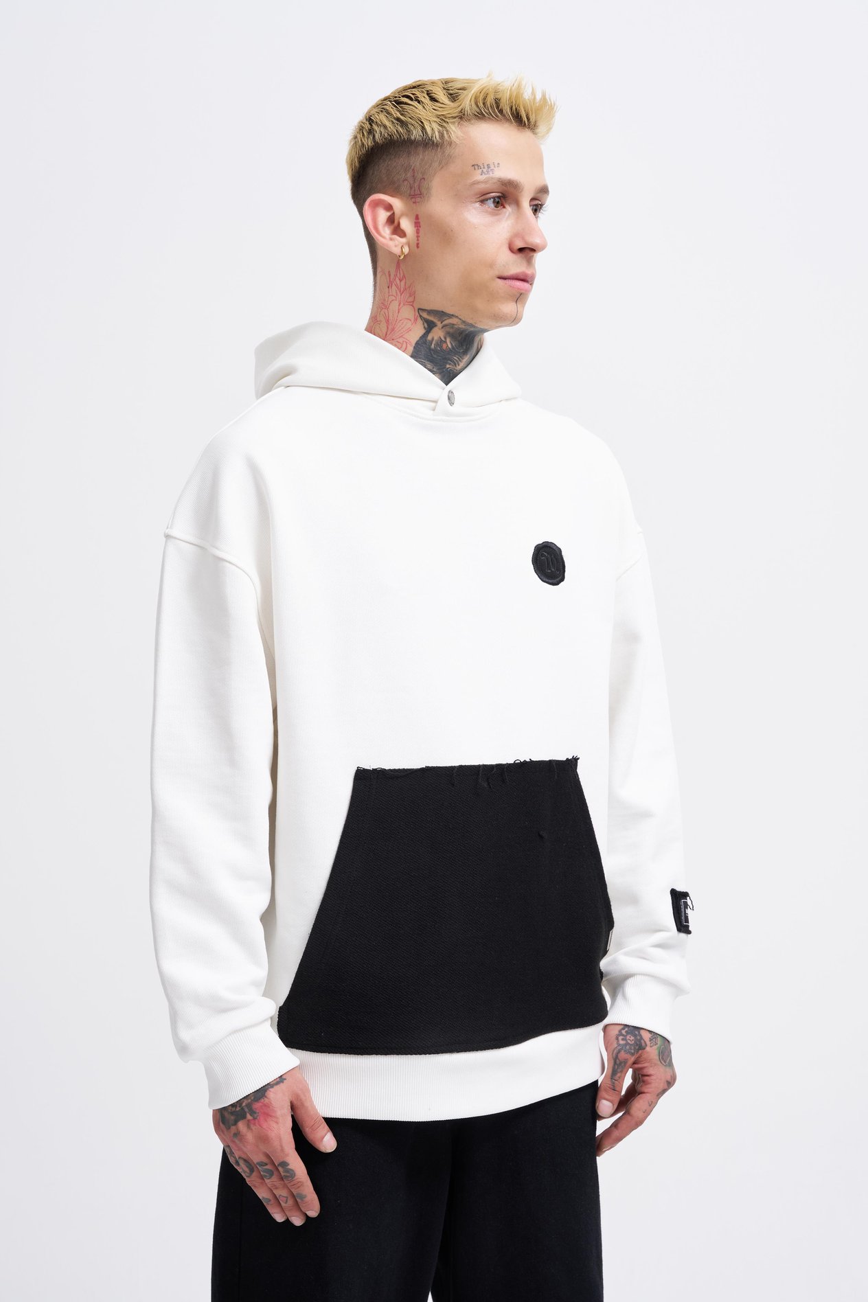 Erkek Contrast Patchwork Hoodie ECRU