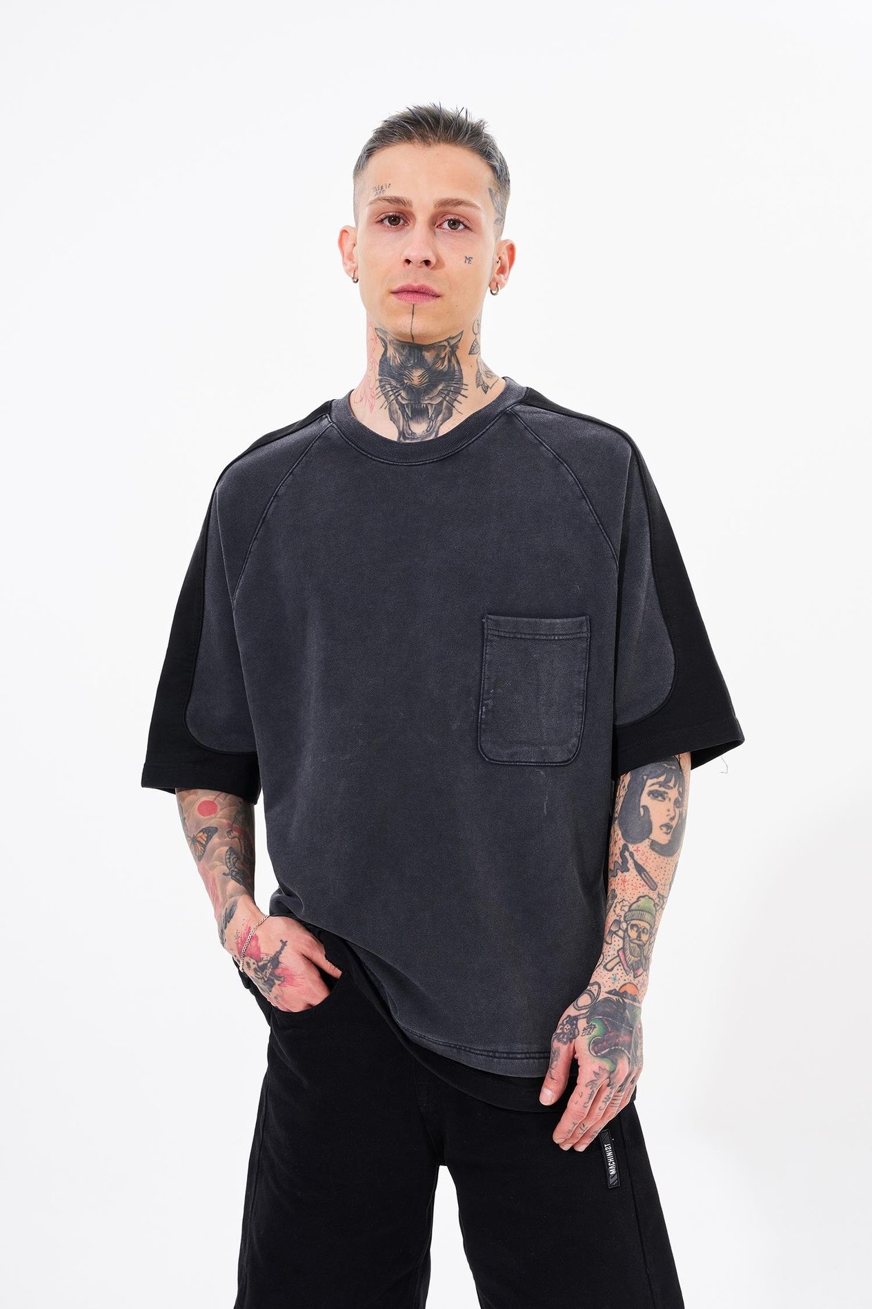 Erkek Contrast Yıkamalı Oversize Asphalt Tişört
