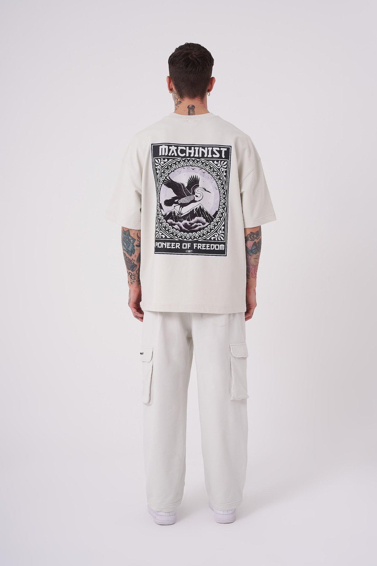 Erkek Crane Patch Baskılı Oversize Gri Tişört