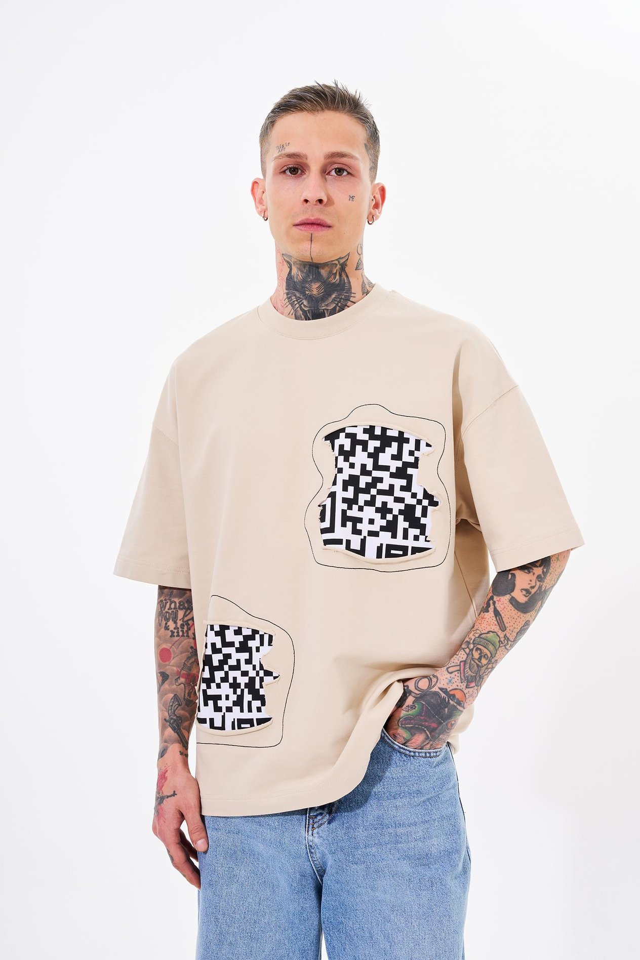 Erkek Dama Patch Oversize Açık Bej Tişört