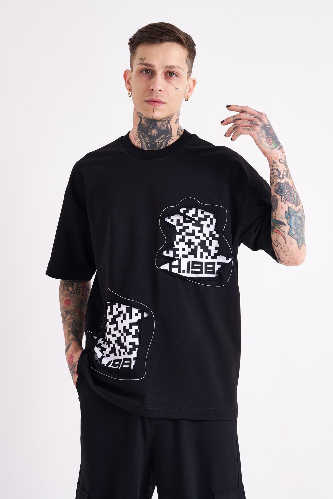 Erkek Dama Patch Oversize Siyah Tişört