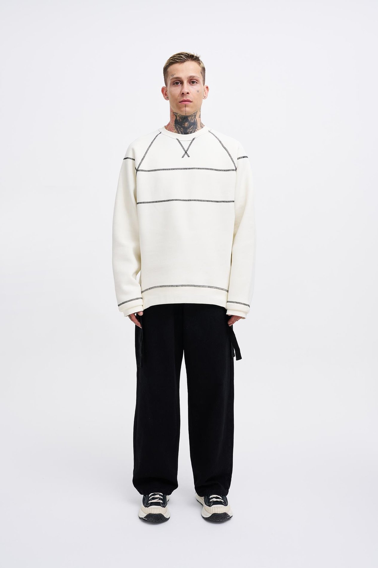 Erkek Dikiş Detay Oversize Ekru Sweatshirt