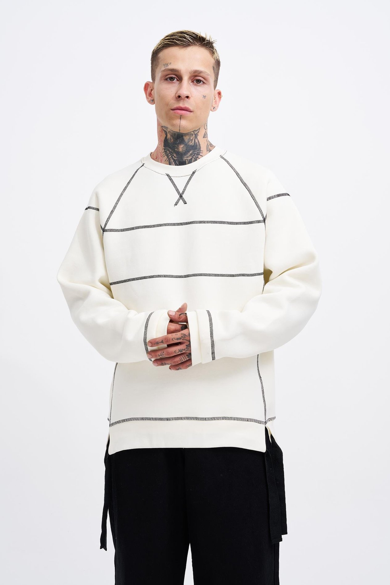 Erkek Dikiş Detay Oversize Ekru Sweatshirt