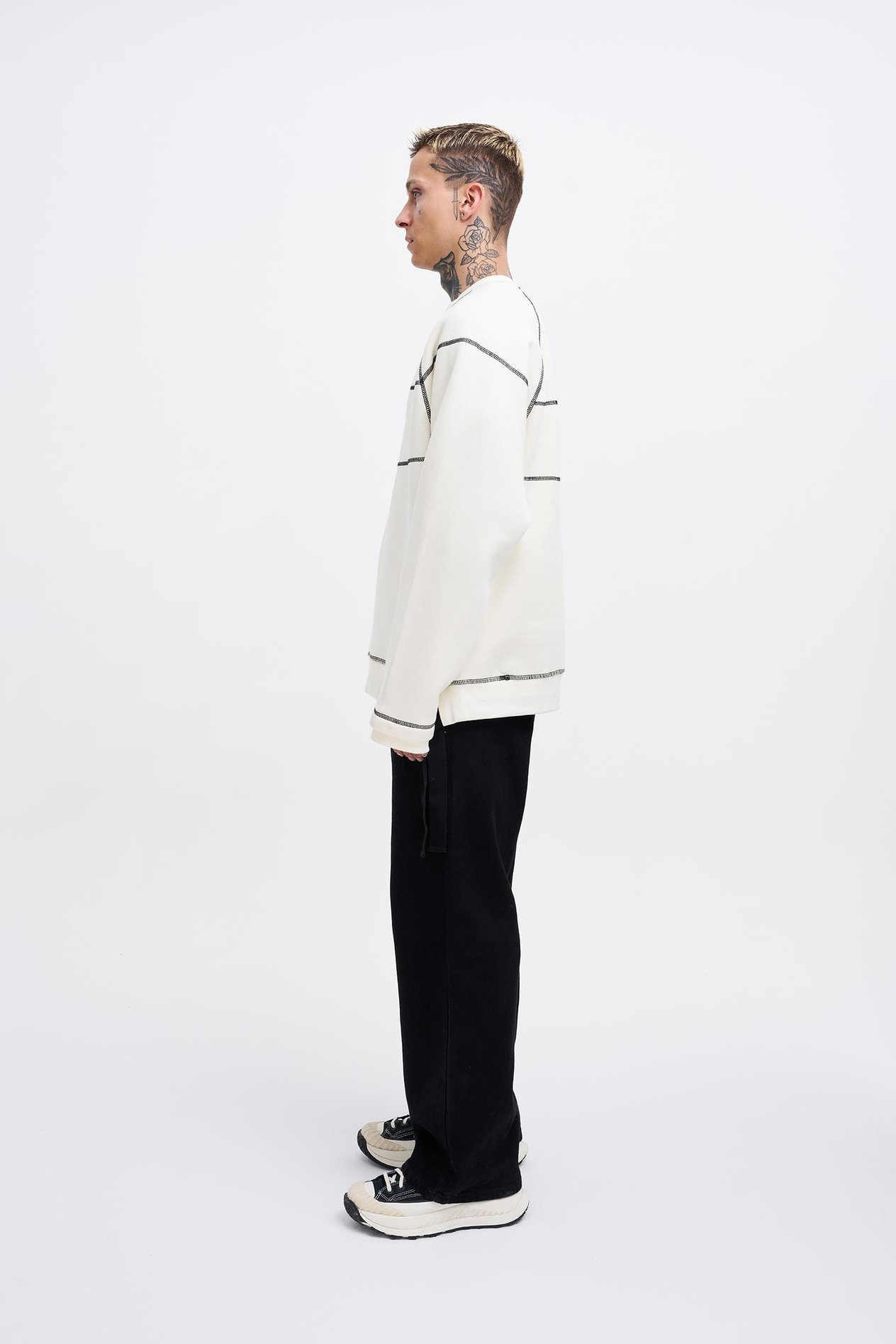 Erkek Dikiş Detay Oversize Ekru Sweatshirt