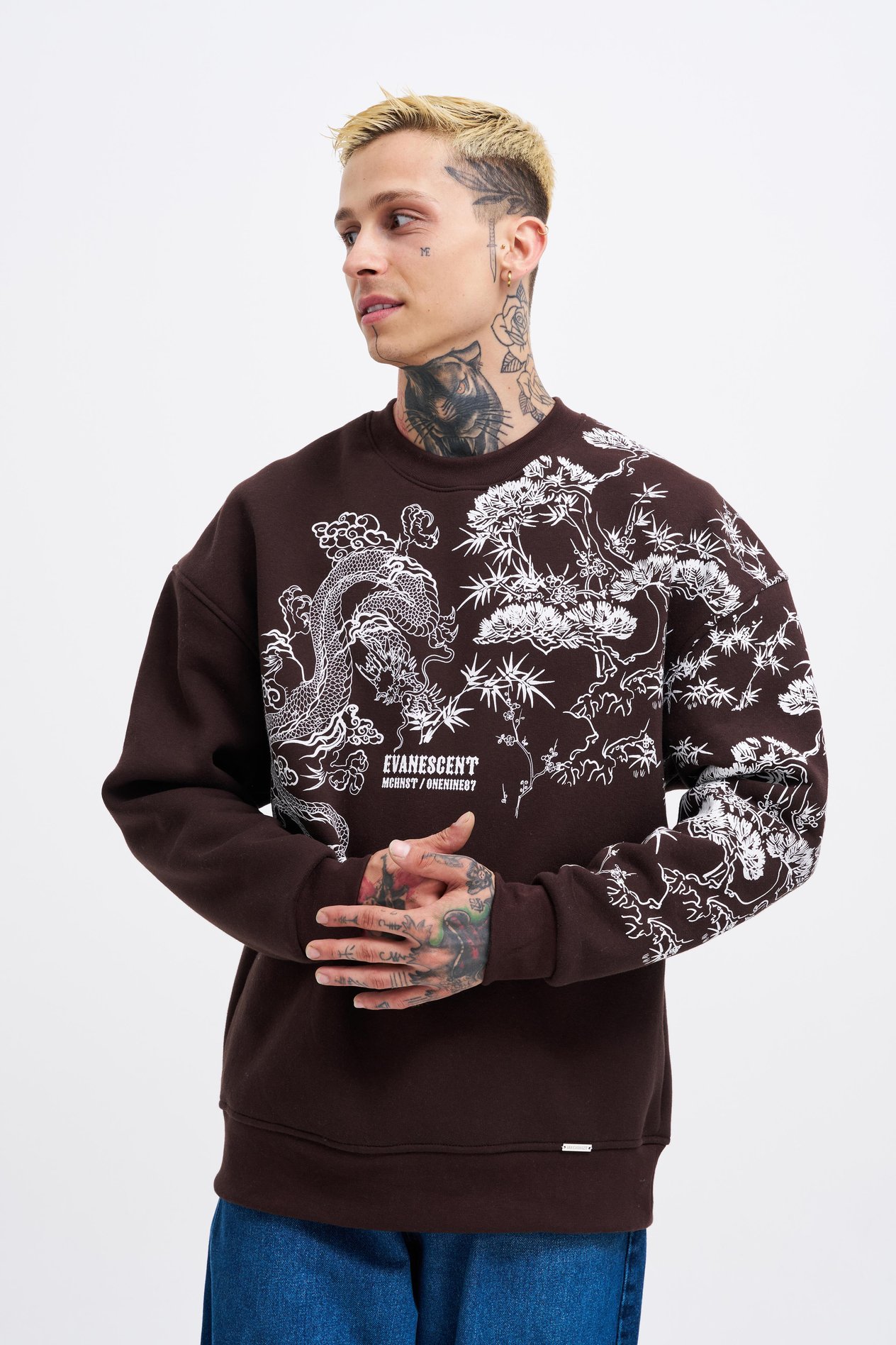 Erkek Dragon Printed Sweatshirt DARK COFFEE