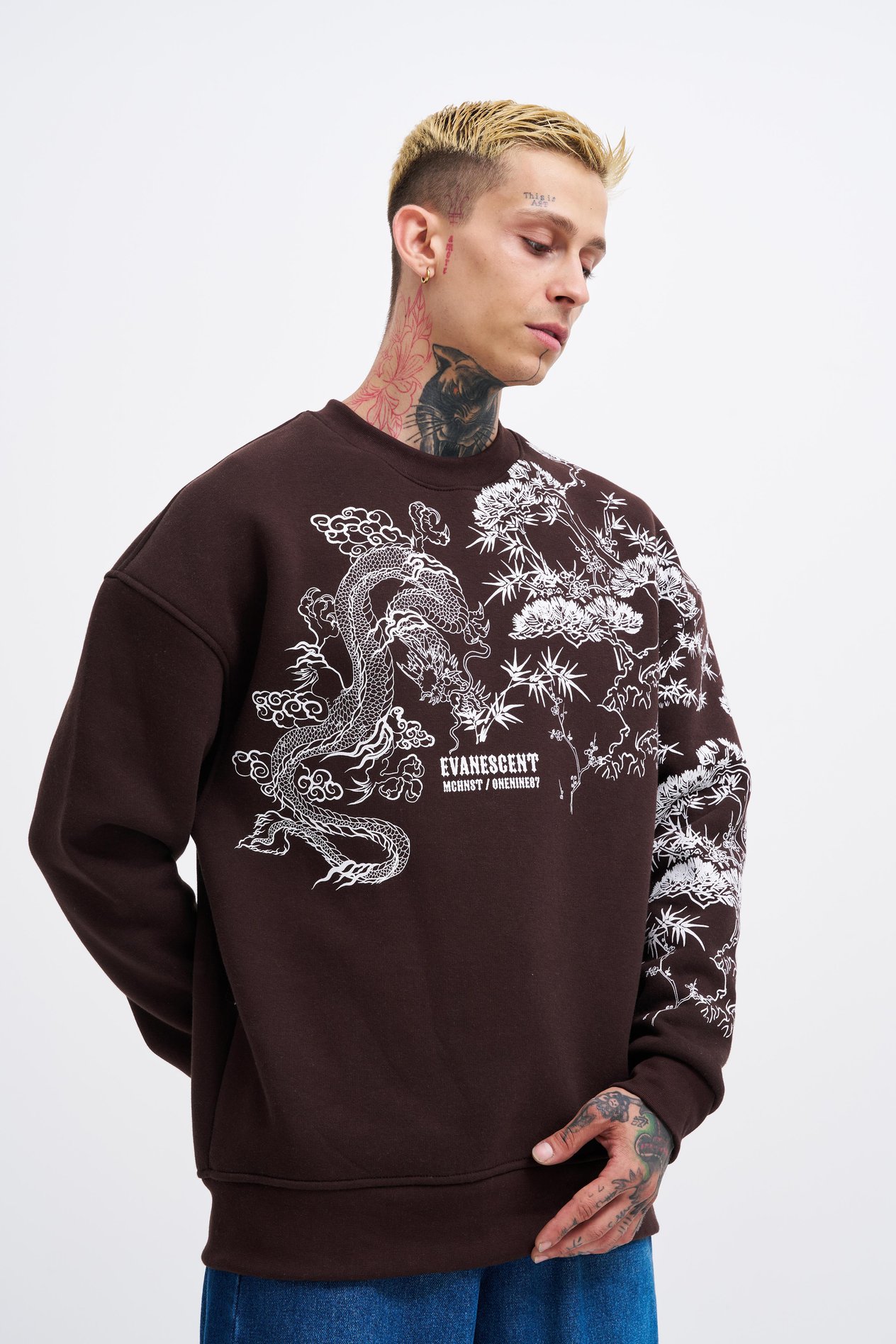 Erkek Dragon Printed Sweatshirt DARK COFFEE