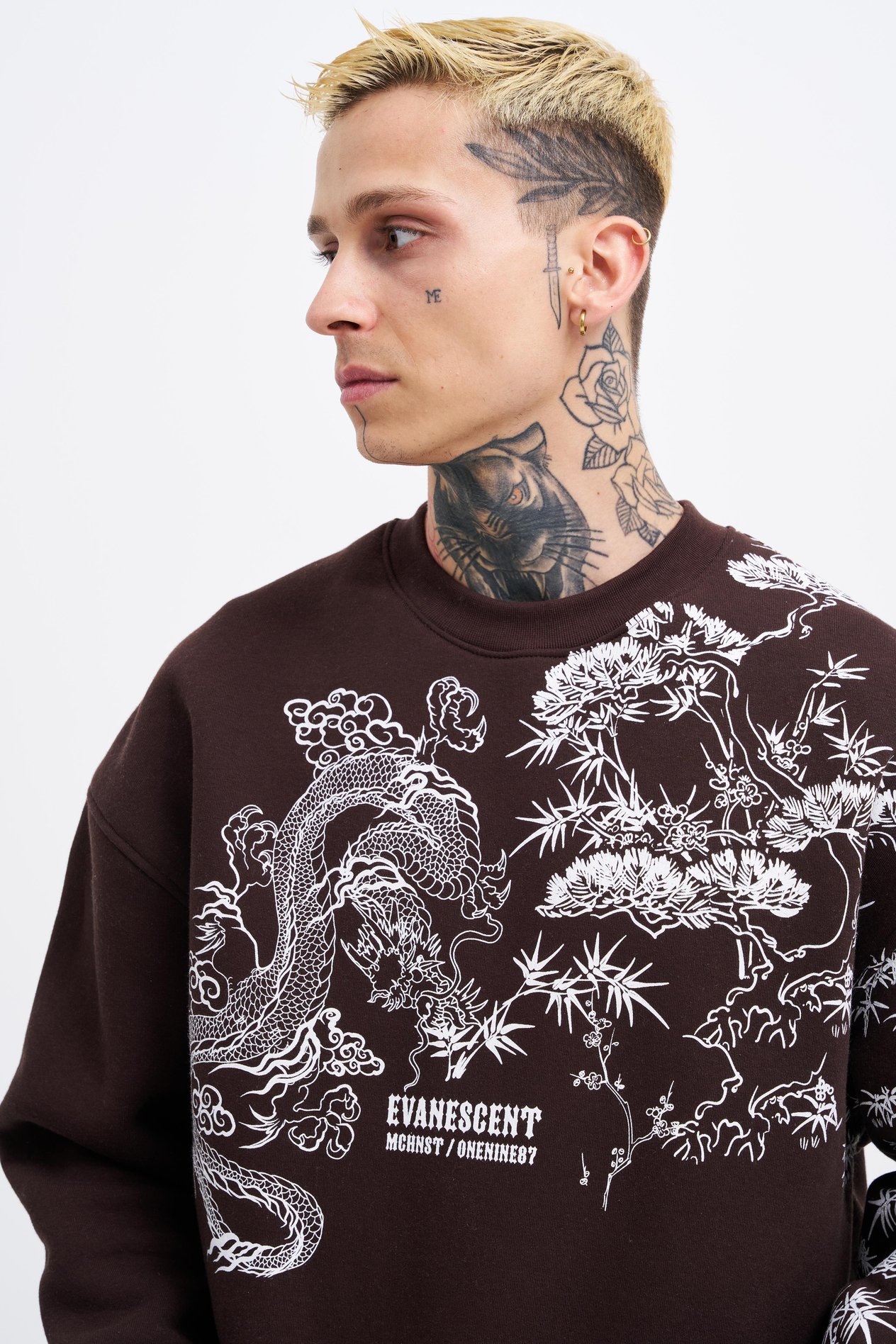 Erkek Dragon Printed Sweatshirt DARK COFFEE