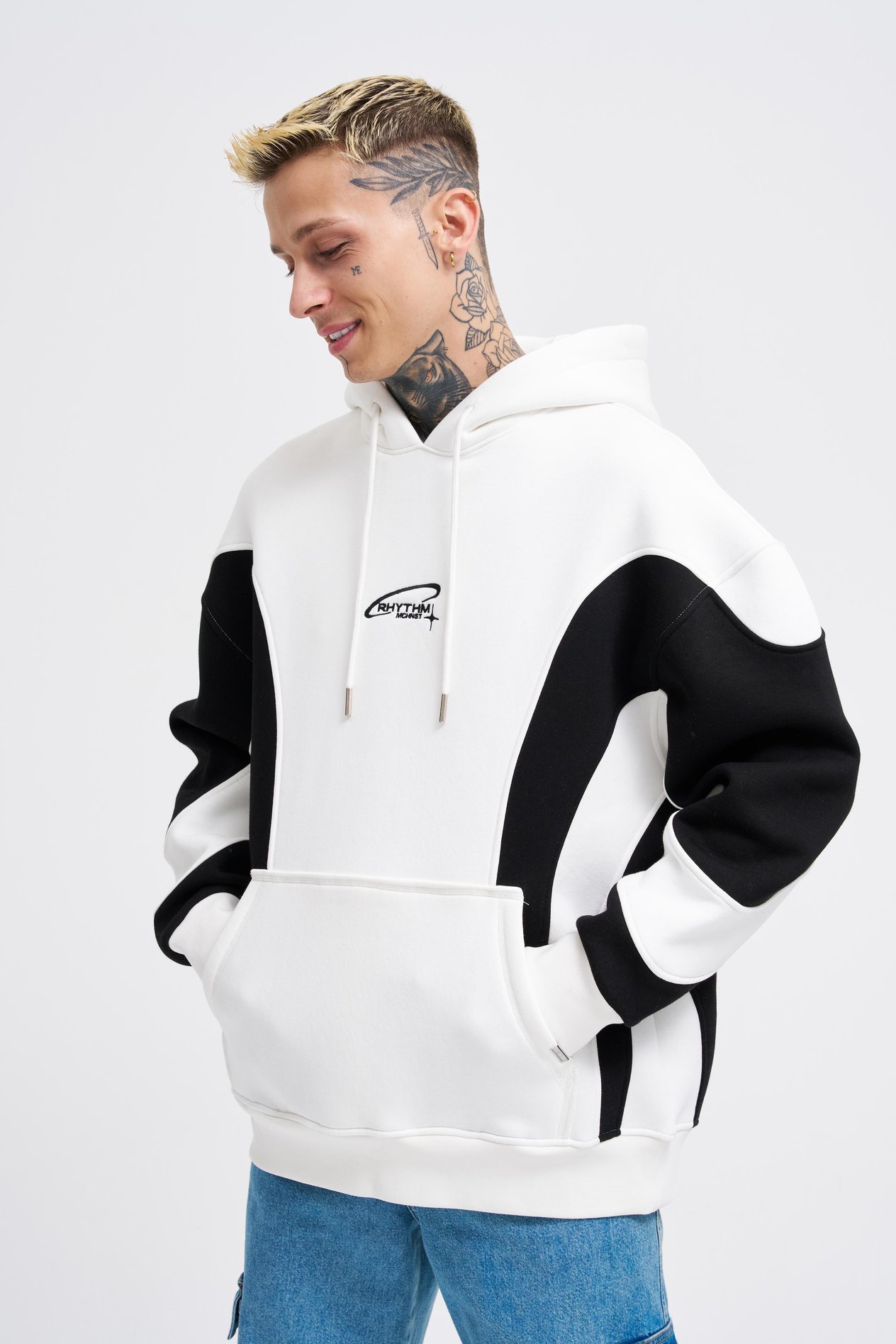 Erkek Embroidered And Pieced Ekru Siyah Hoodie