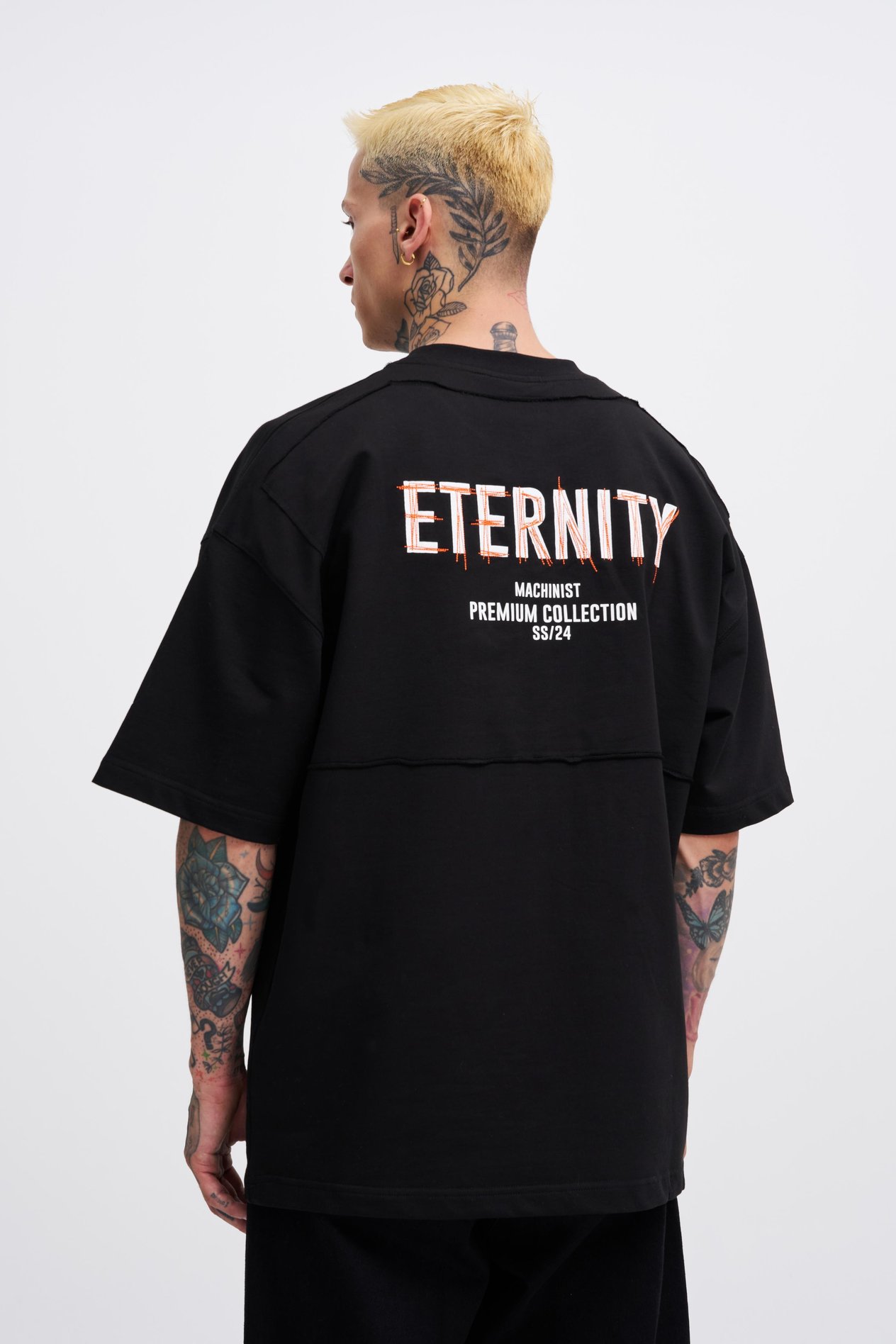 Erkek Eternity Baskılı Oversize Siyah Tişört