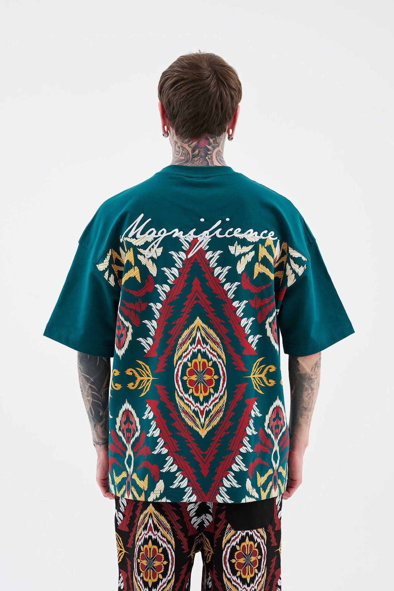 Erkek Ethnical Printed And Embroidered Tişört OIL GREEN