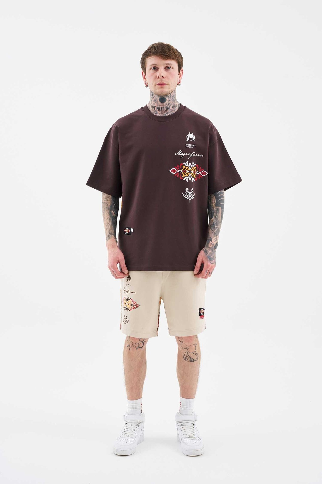 Erkek Ethnical Printed And Embroidered Tişört OAK COFFE