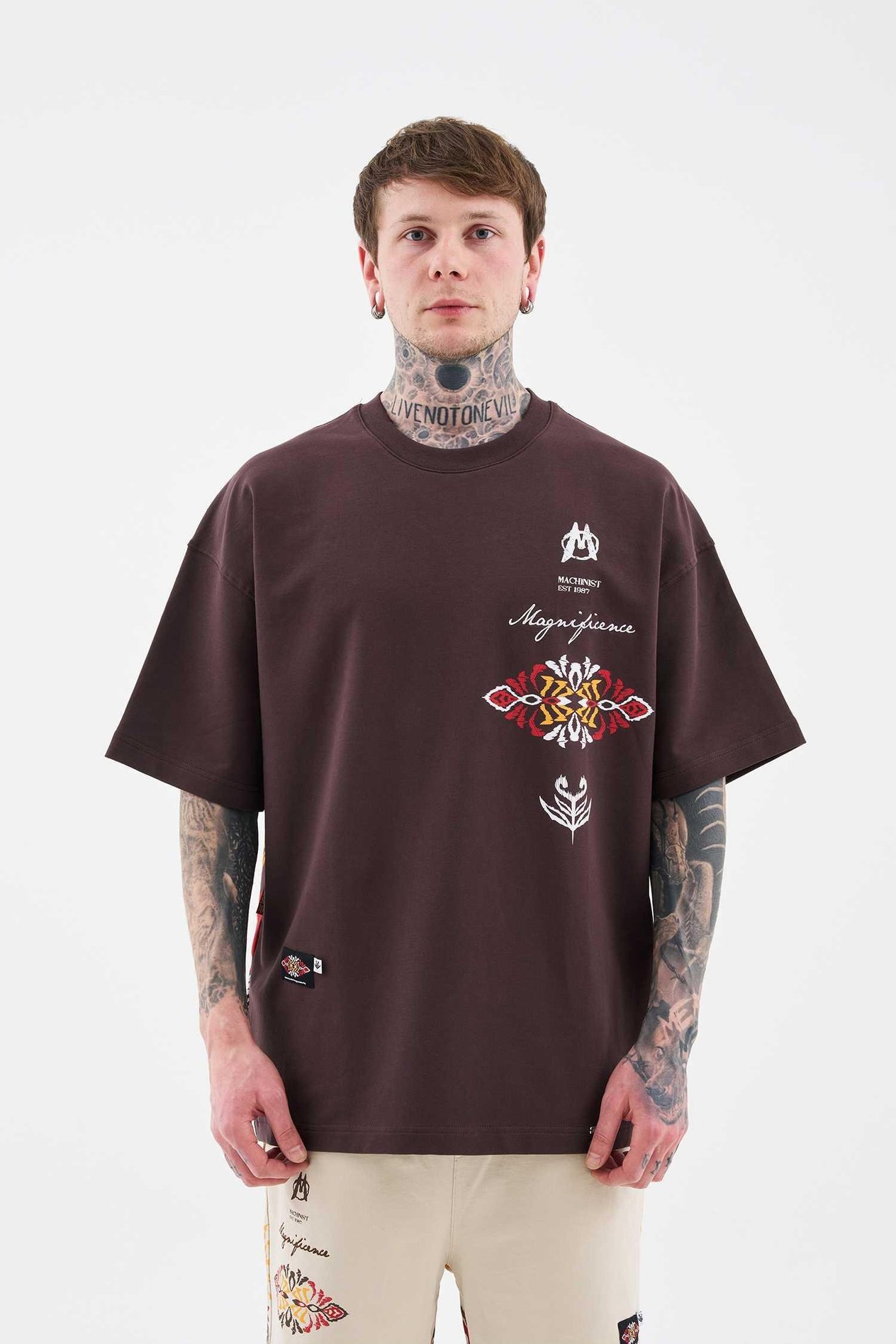 Erkek Ethnical Printed And Embroidered Tişört OAK COFFE