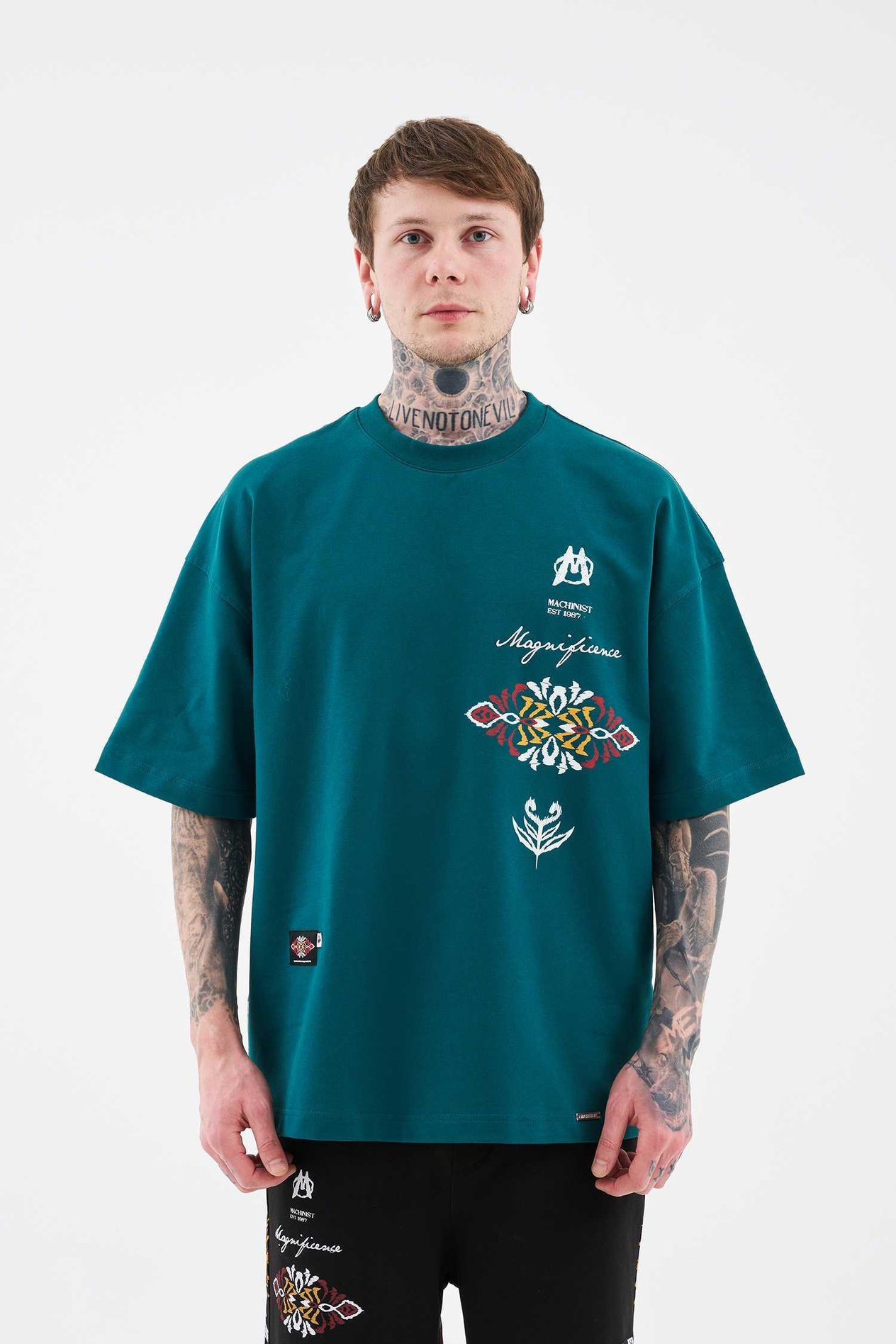 Erkek Ethnical Printed And Embroidered Tişört OIL GREEN