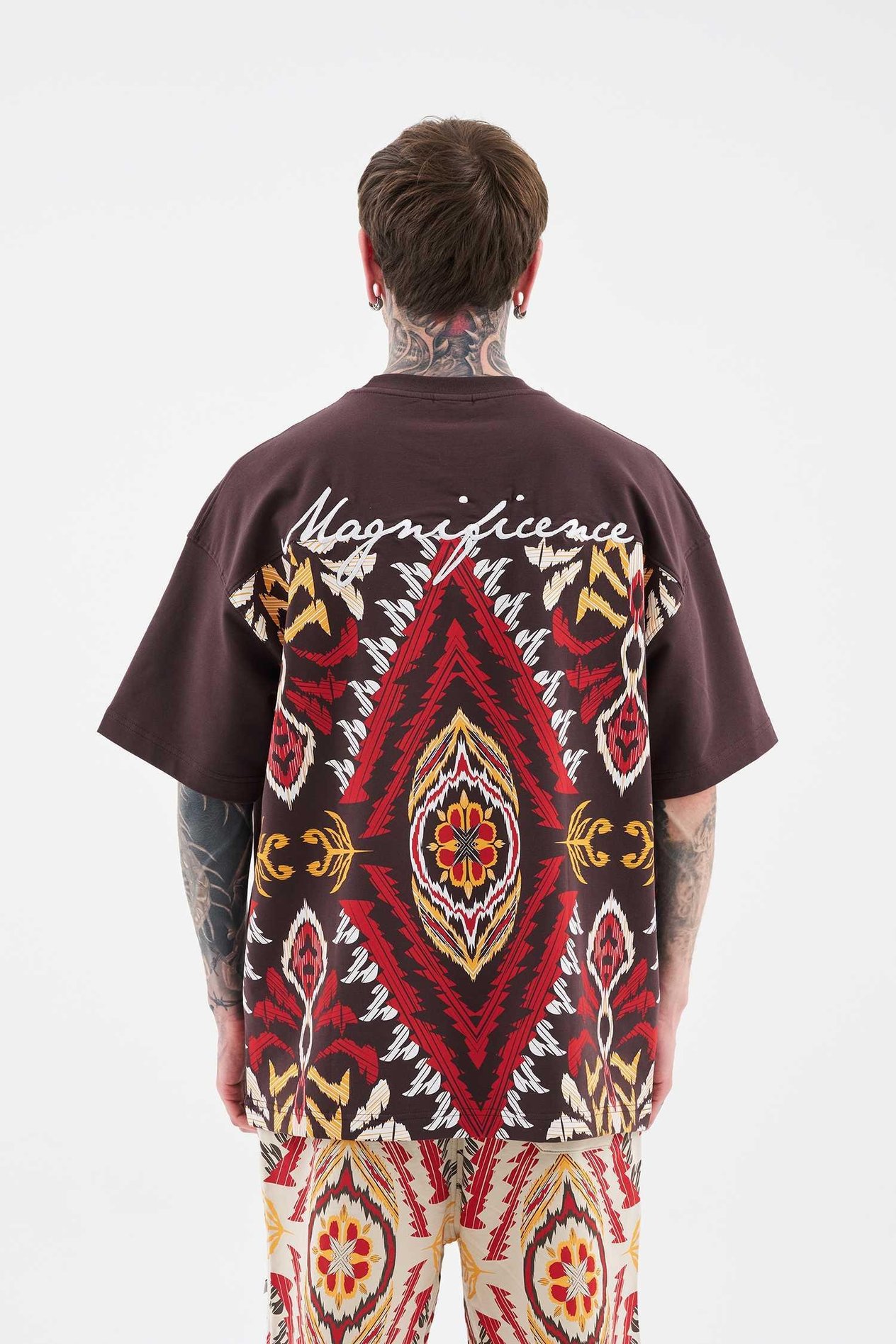 Erkek Ethnical Printed And Embroidered Tişört OAK COFFE