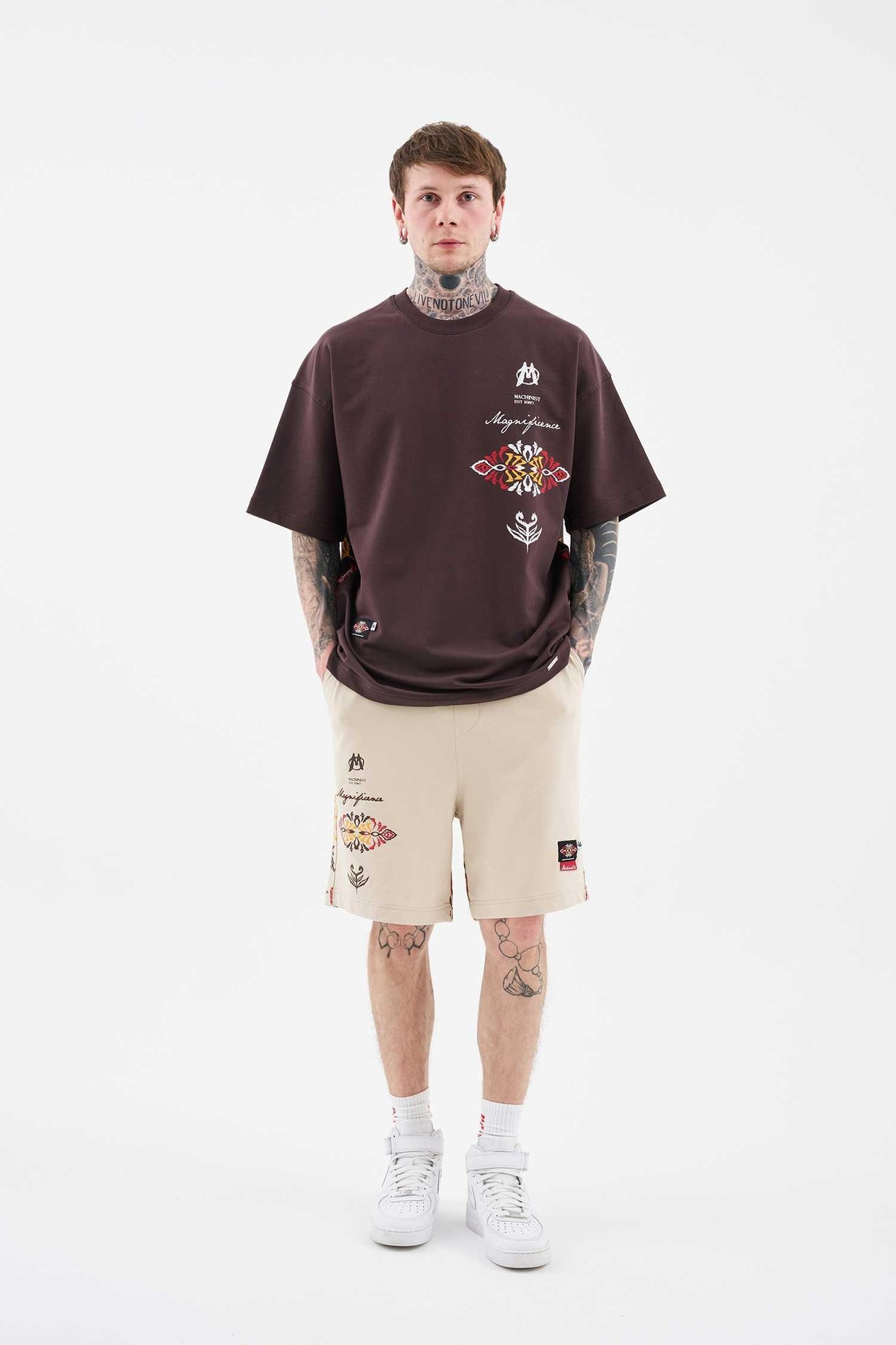 Erkek Ethnical Printed And Embroidered Tişört OAK COFFE