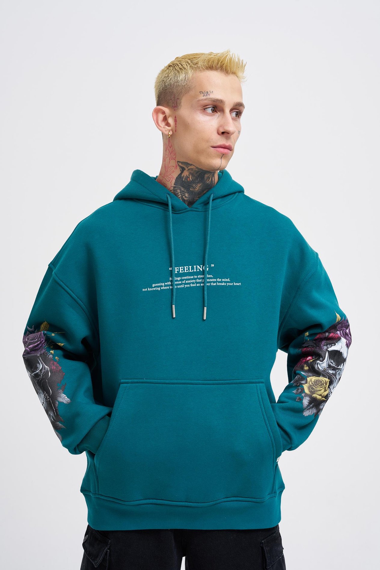 Erkek Feeling Skull Baskılı Oversize Petrol Yeşili Sweatshirt