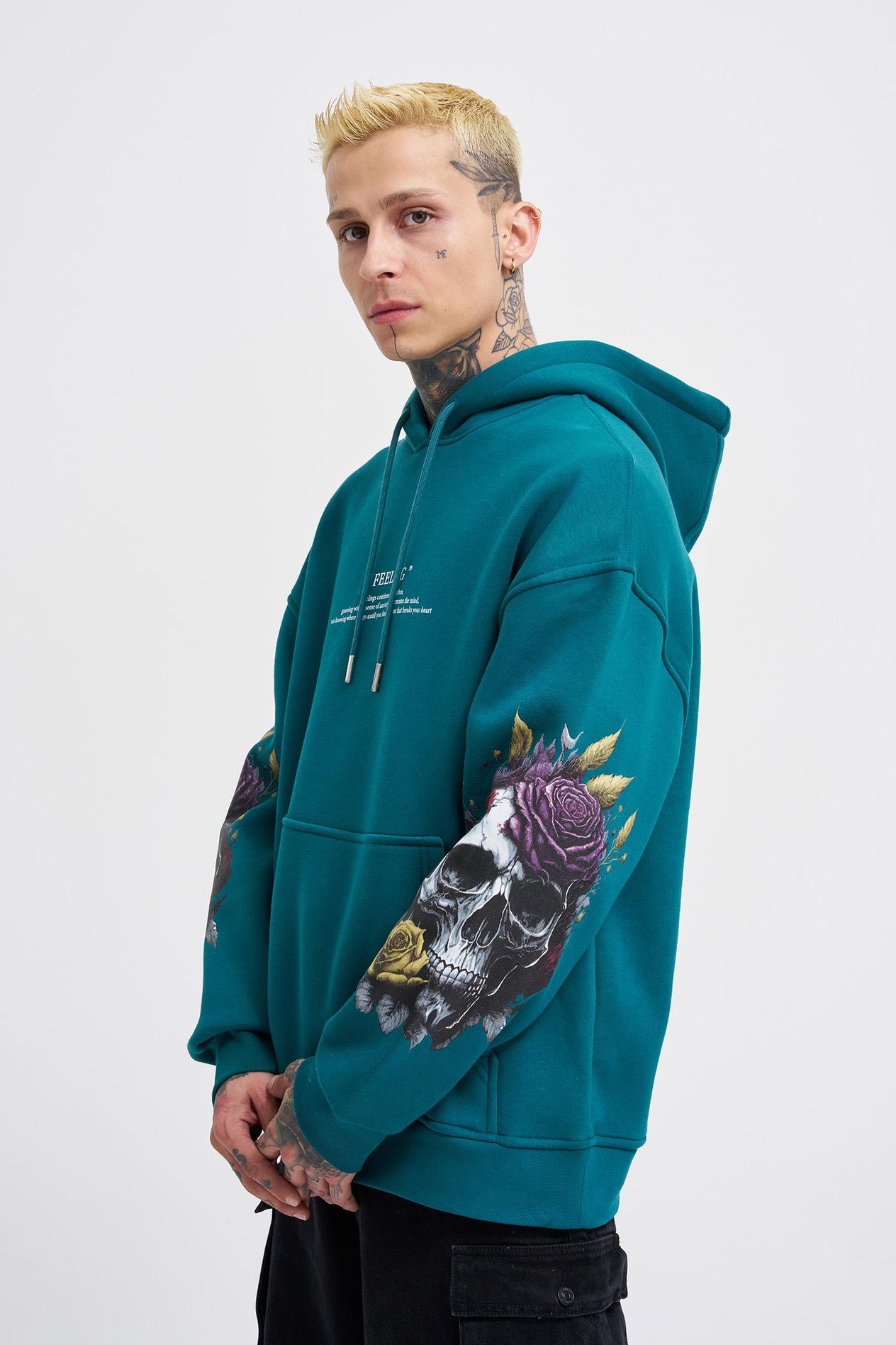 Erkek Feeling Skull Baskılı Oversize Petrol Yeşili Sweatshirt