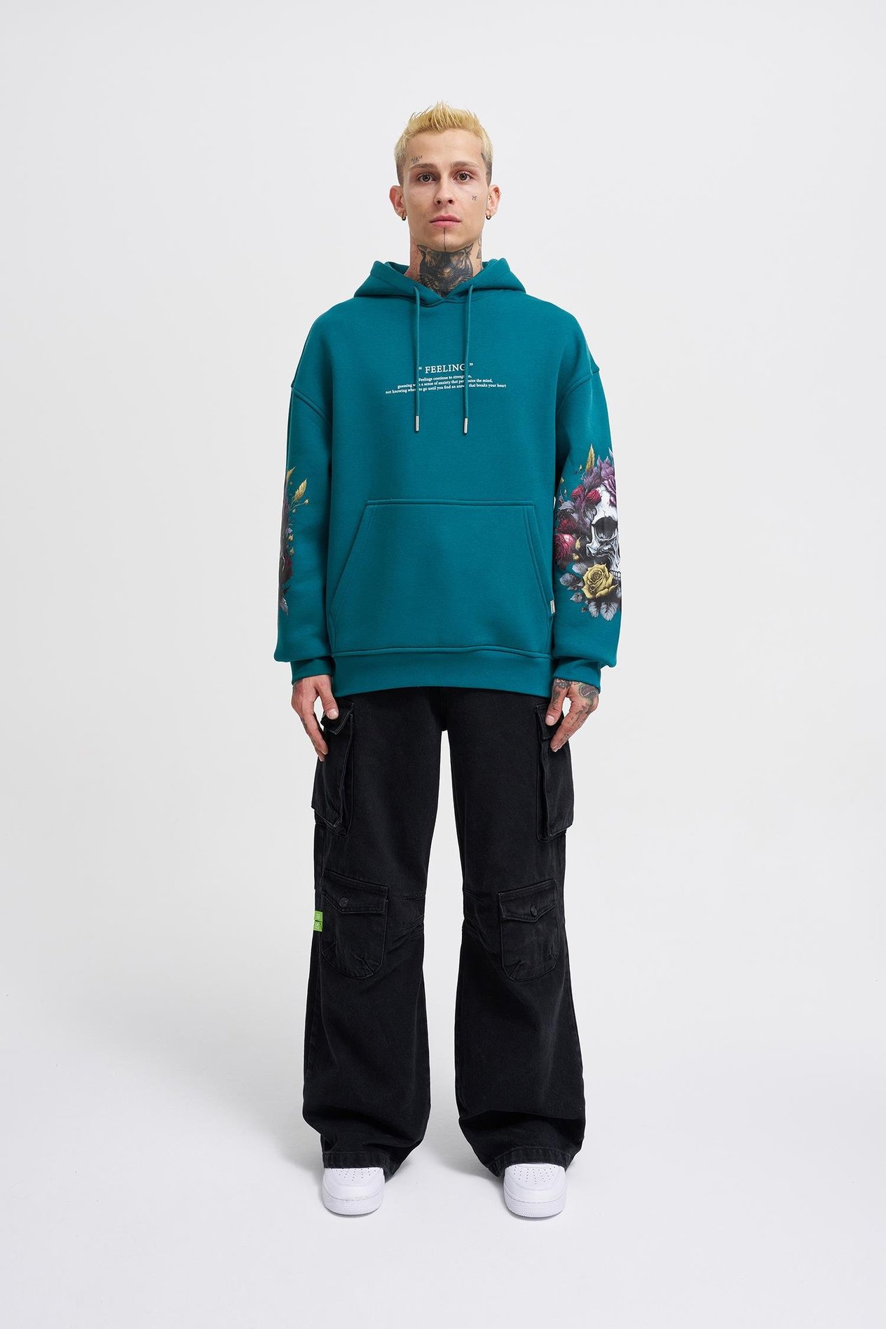 Erkek Feeling Skull Baskılı Oversize Petrol Yeşili Sweatshirt