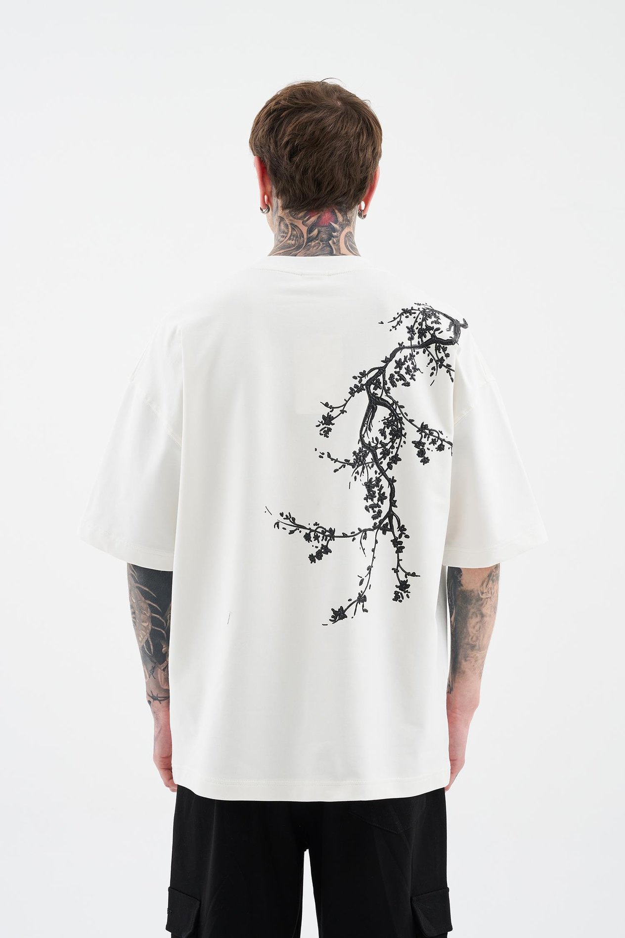 Erkek Floral 3D Printed Oversize Tişört ECRU