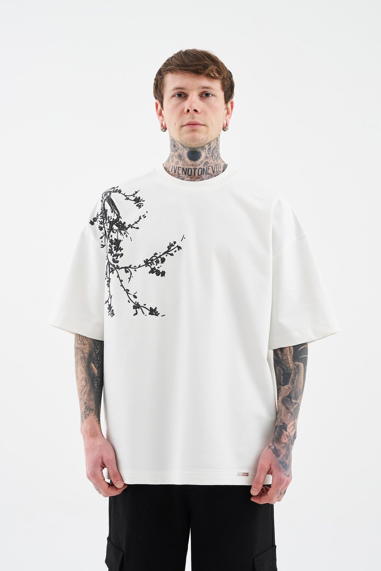 Erkek Floral 3D Printed Oversize Tişört ECRU