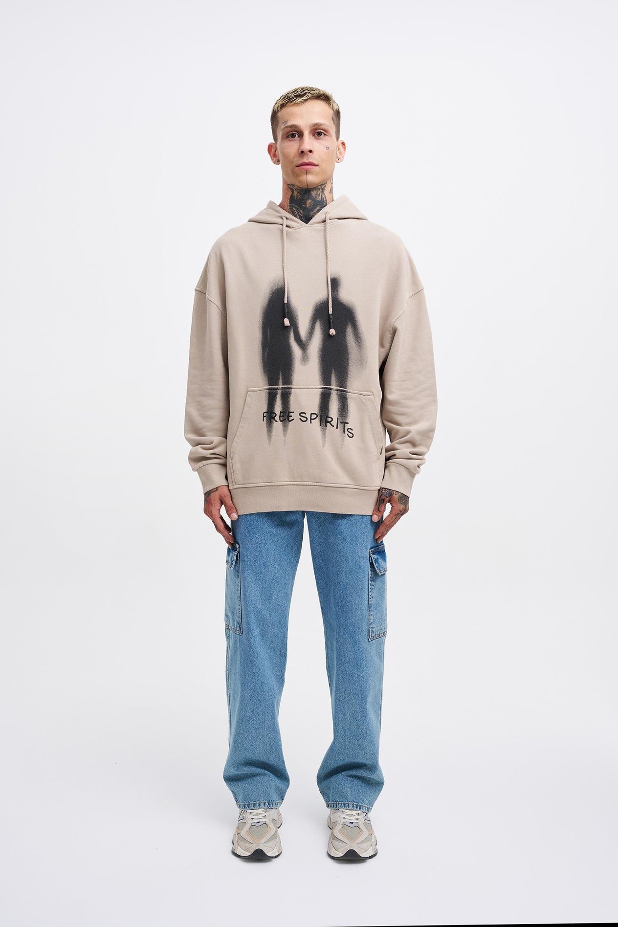 Erkek Free Sprit Yıkamalı Oversize Açık Bej Sweatshirt
