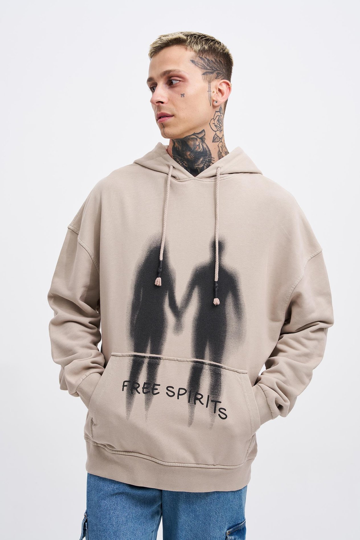 Erkek Free Sprit Yıkamalı Oversize Açık Bej Sweatshirt