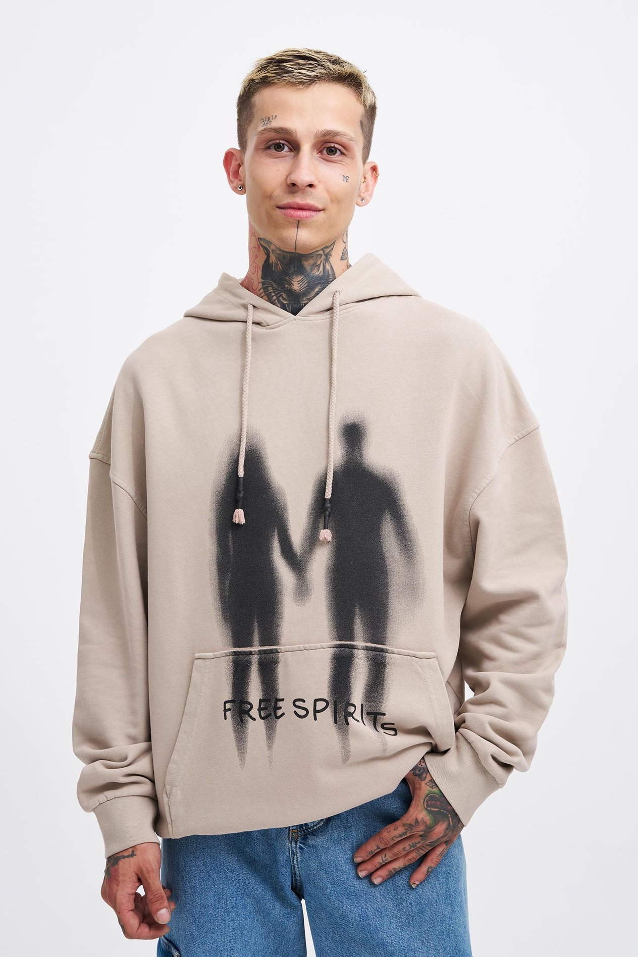 Erkek Free Sprit Yıkamalı Oversize Açık Bej Sweatshirt
