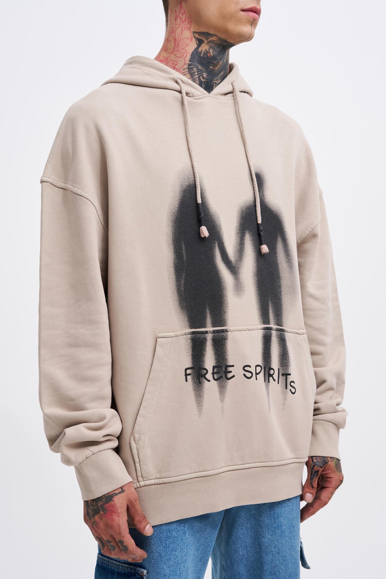 Erkek Free Sprit Yıkamalı Oversize Açık Bej Sweatshirt