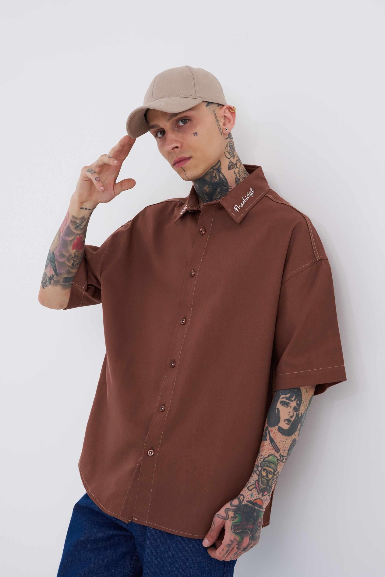 Erkek Frınged Nakışlı Oversize Mürdüm Gömlek