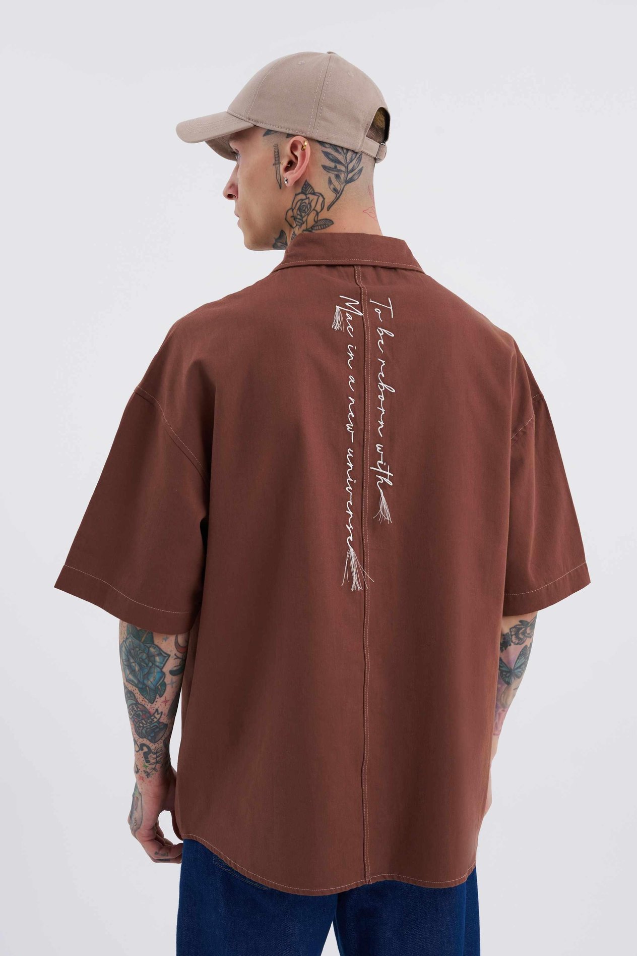 Erkek Frınged Nakışlı Oversize Mürdüm Gömlek