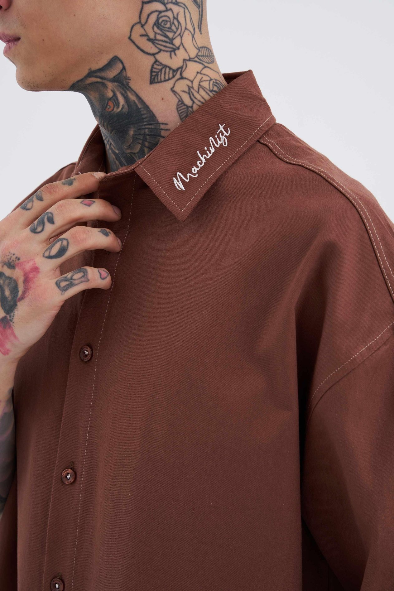 Erkek Frınged Nakışlı Oversize Mürdüm Gömlek