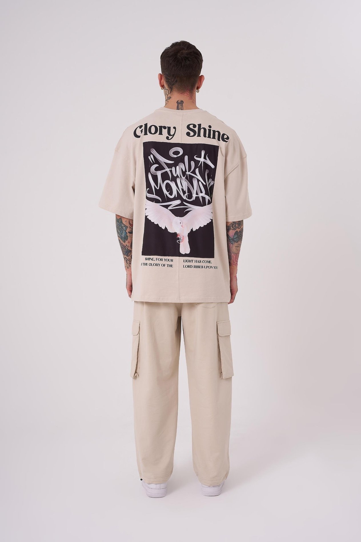 Erkek Glory Shine Baskılı Oversize Açık Bej Tişört