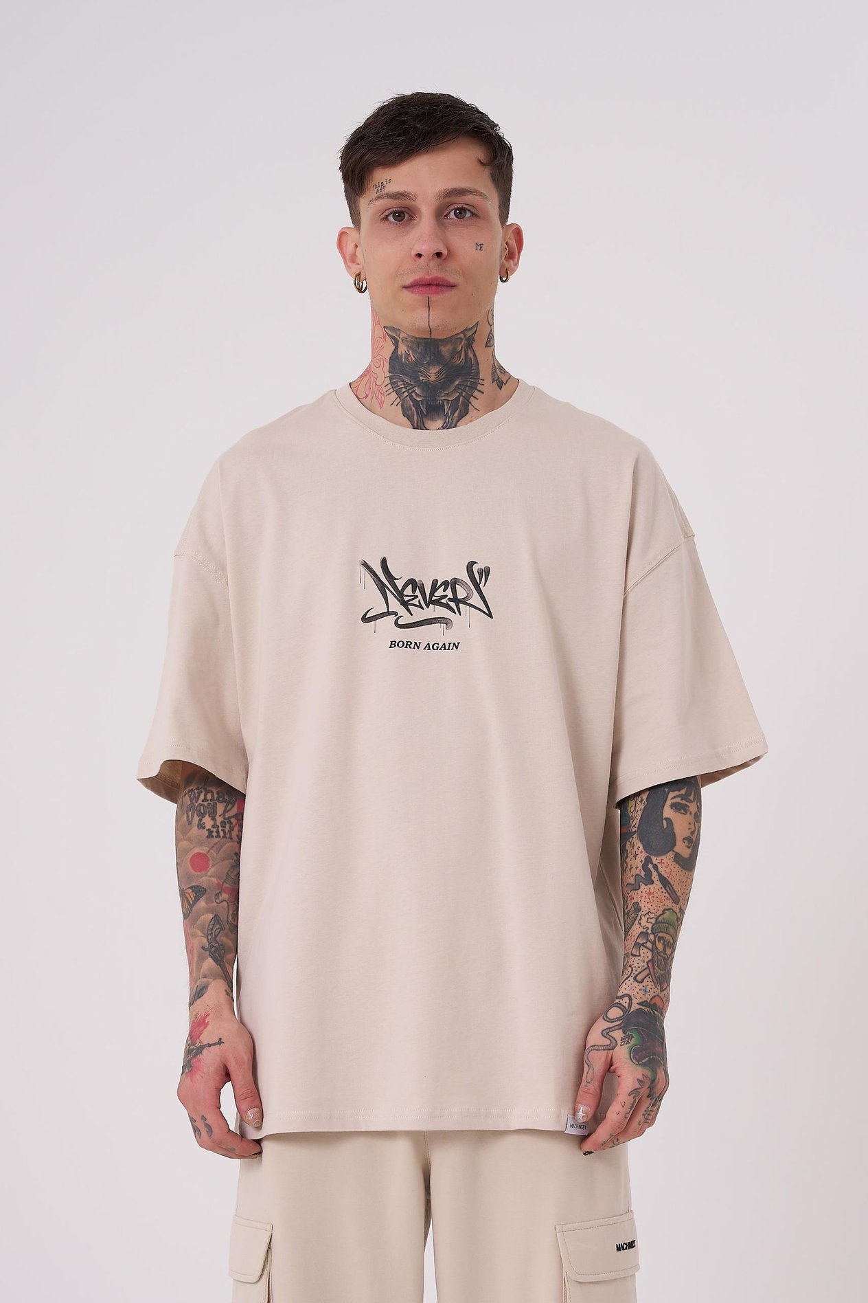 Erkek Glory Shine Baskılı Oversize Açık Bej Tişört