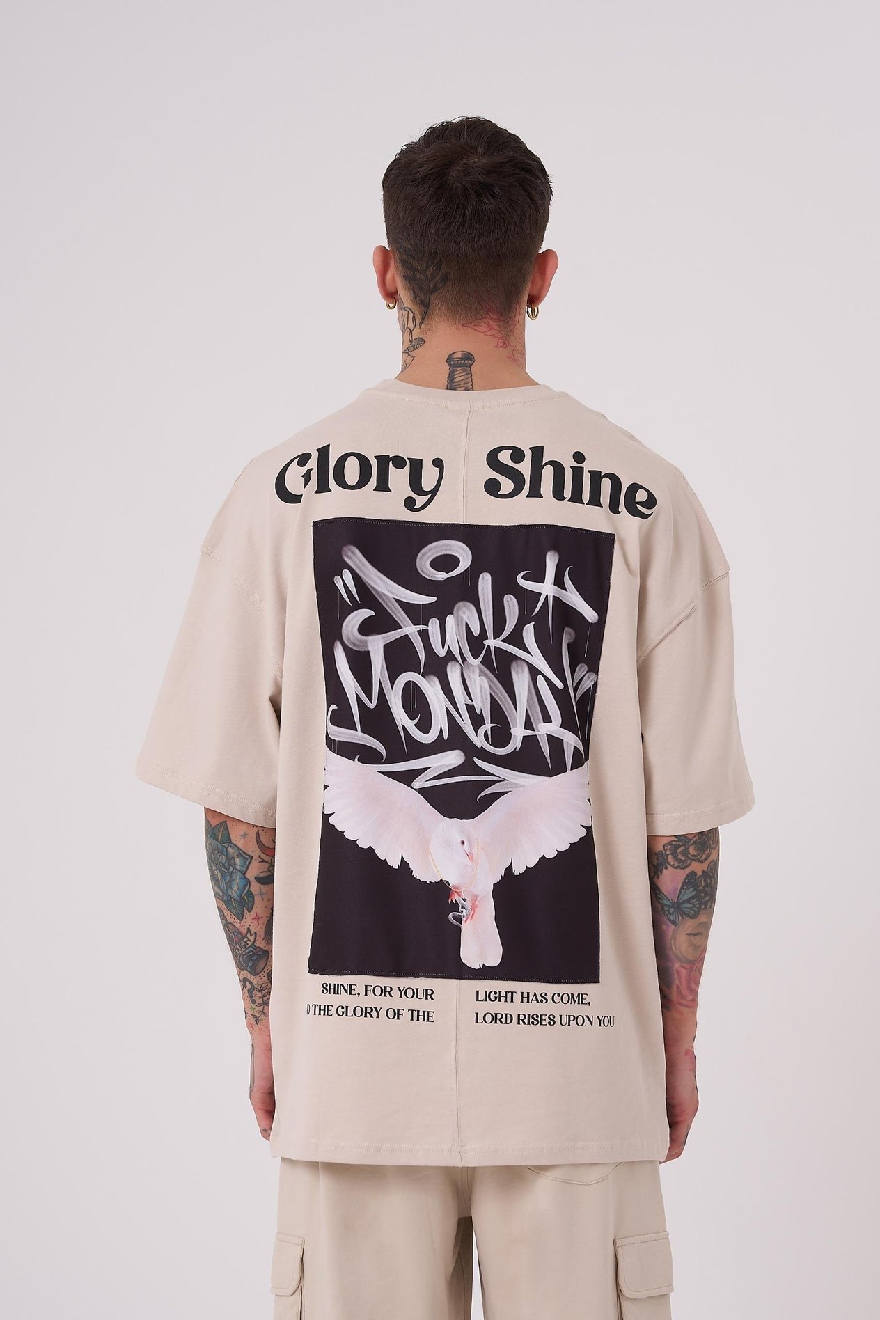 Erkek Glory Shine Baskılı Oversize Açık Bej Tişört