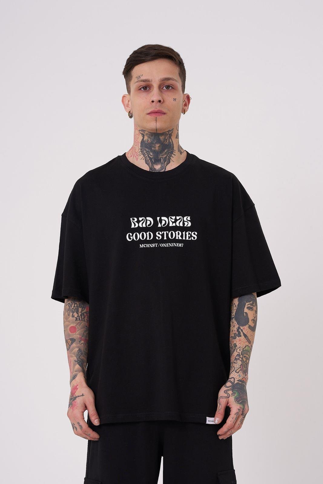 Erkek Good Stories Baskılı Oversize Tişört BLACK