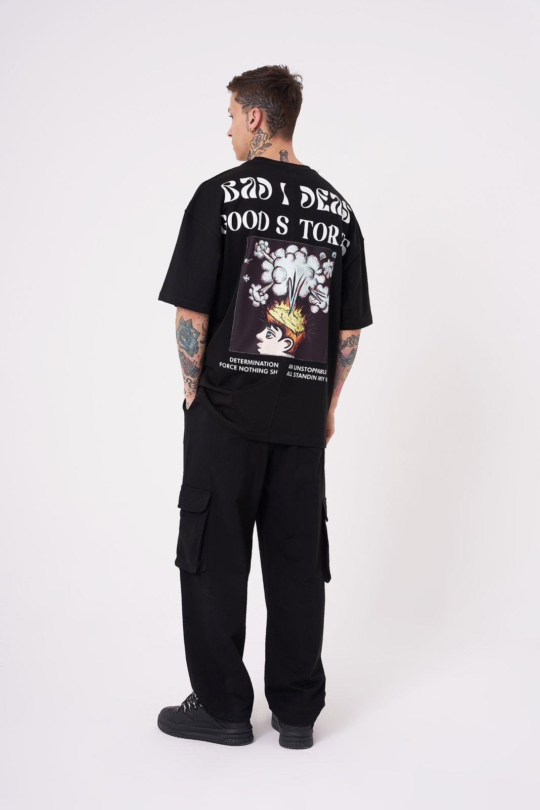 Erkek Good Stories Baskılı Oversize Tişört BLACK