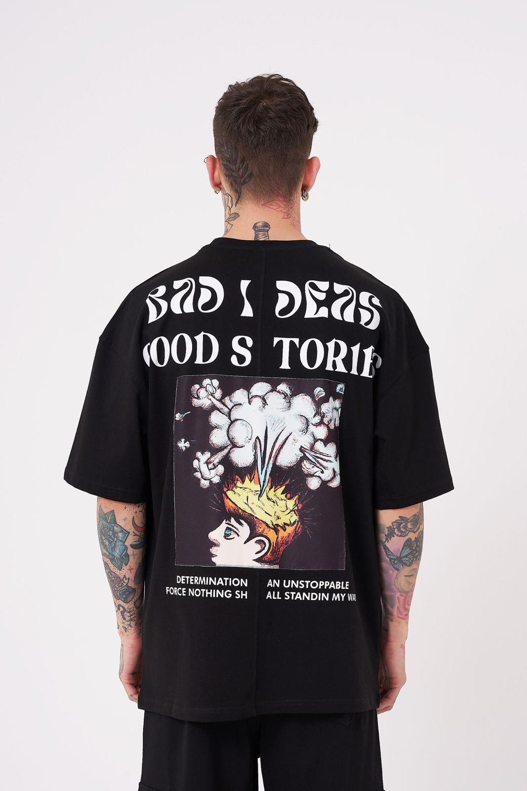 Erkek Good Stories Baskılı Oversize Tişört BLACK