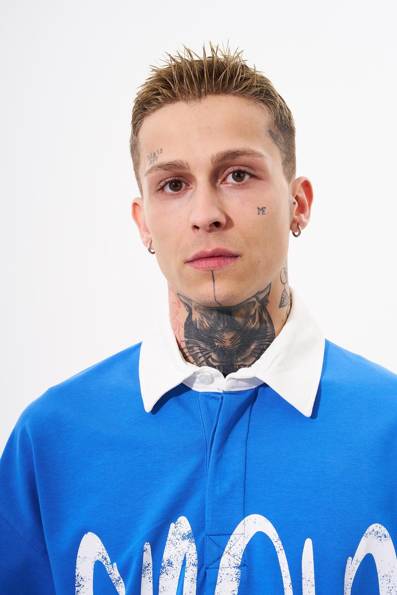 Erkek High Baskılı Oversize Mavi Polo Yaka Tişört
