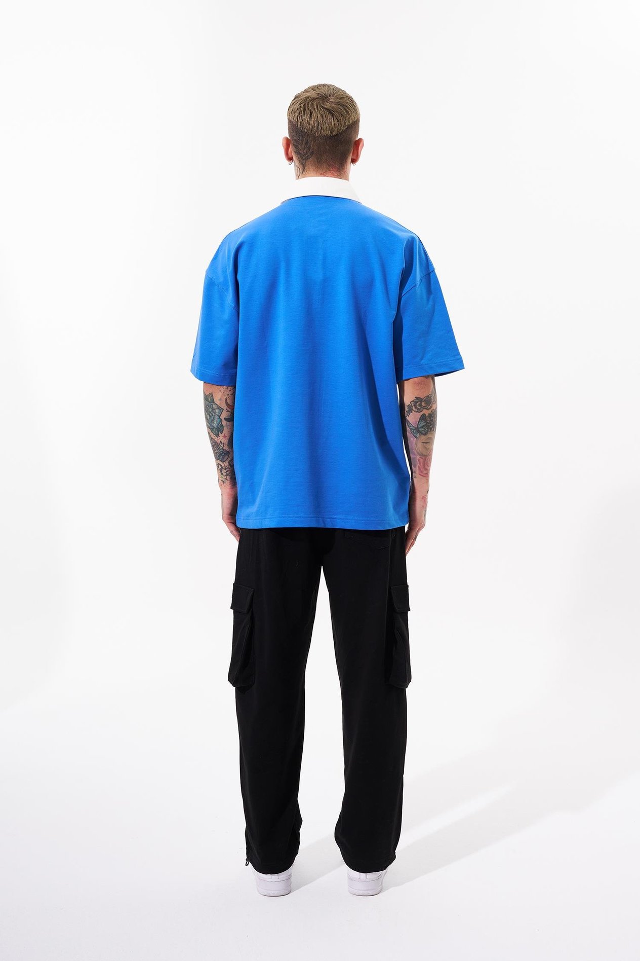 Erkek High Baskılı Oversize Mavi Polo Yaka Tişört