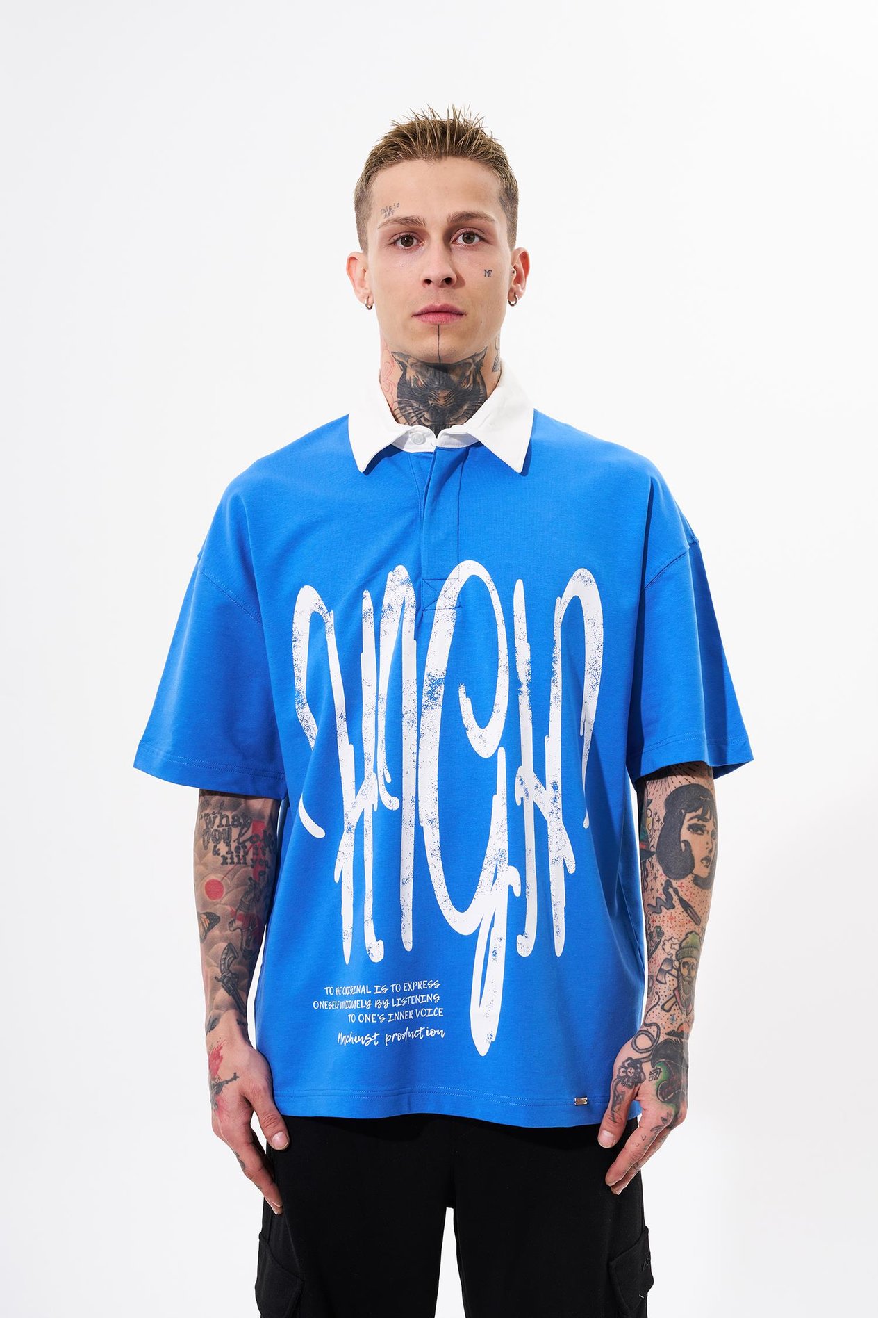 Erkek High Baskılı Oversize Mavi Polo Yaka Tişört