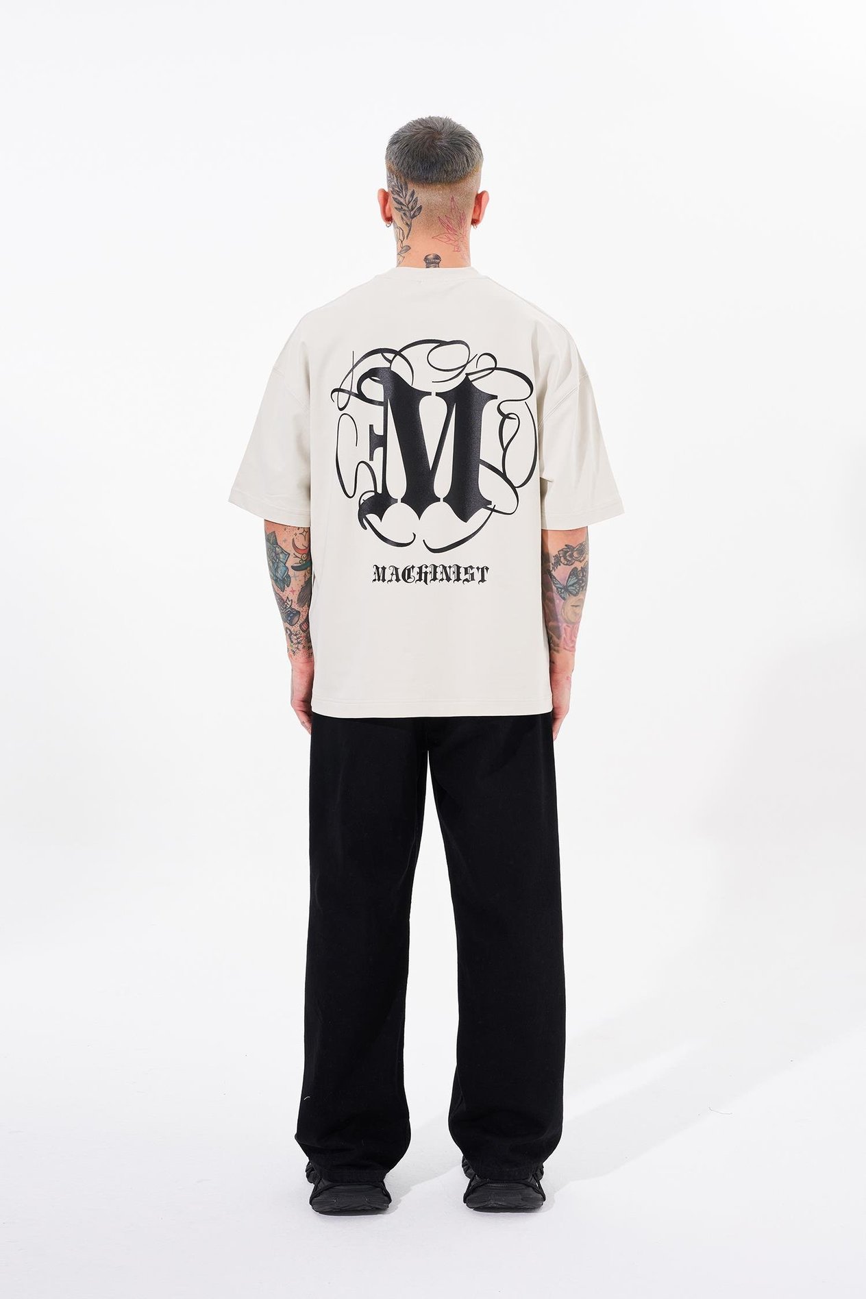 Erkek High Neck Baskılı Oversize Gri Tişört