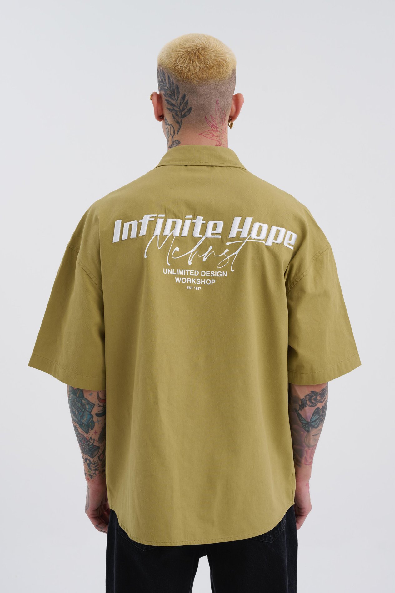 Erkek Hope Slogan Naskışlı Oversize Haki Gömlek