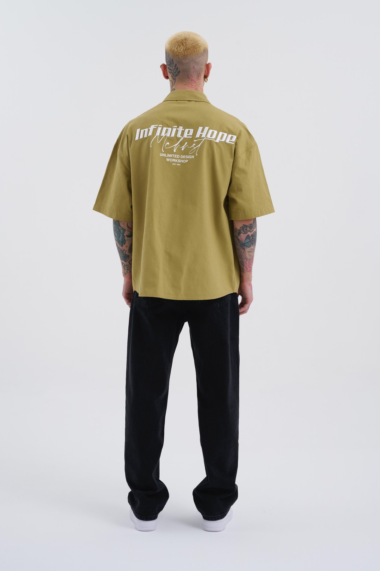 Erkek Hope Slogan Naskışlı Oversize Haki Gömlek