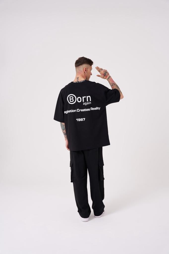 Erkek Imagination Creates Baskılı Oversize Siyah Tişört