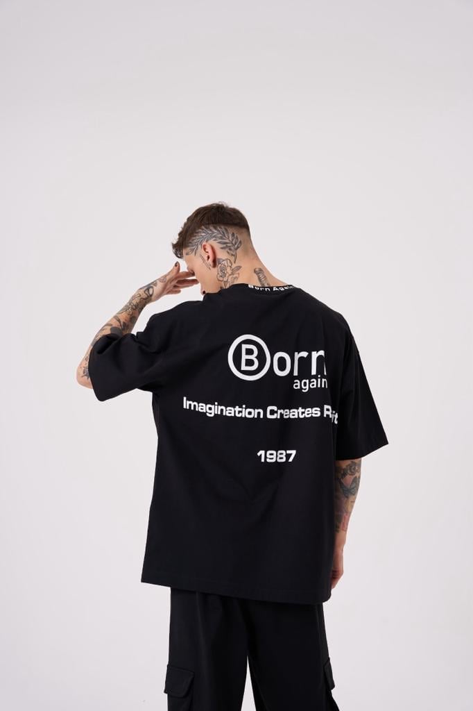 Erkek Imagination Creates Baskılı Oversize Siyah Tişört