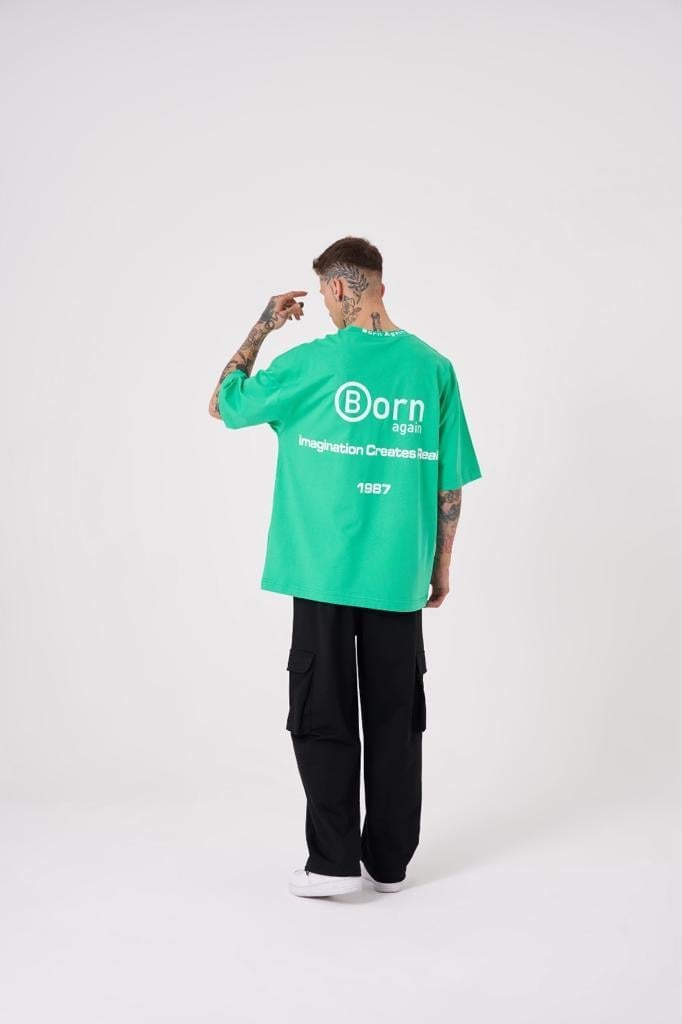 Erkek Imagination Creates Baskılı Oversize Açık Yeşil Tişört