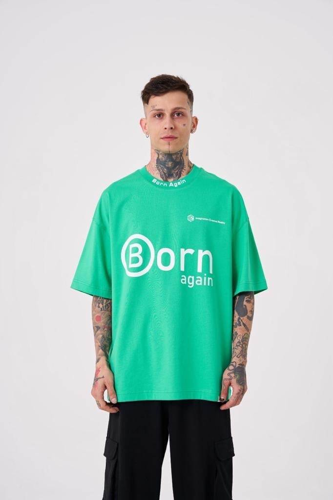 Erkek Imagination Creates Baskılı Oversize Açık Yeşil Tişört