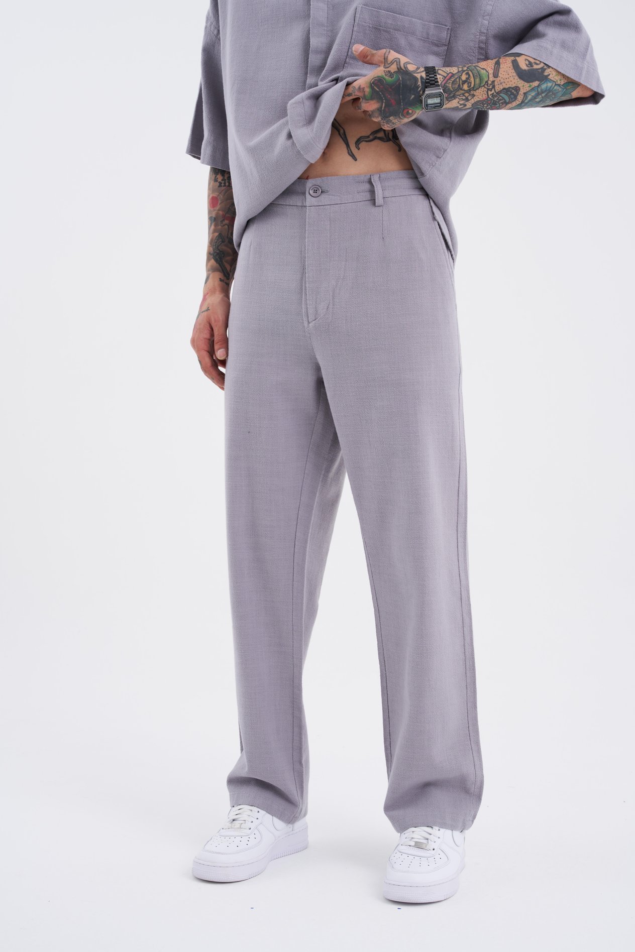 Erkek Keten Baggy Gri Pantolon