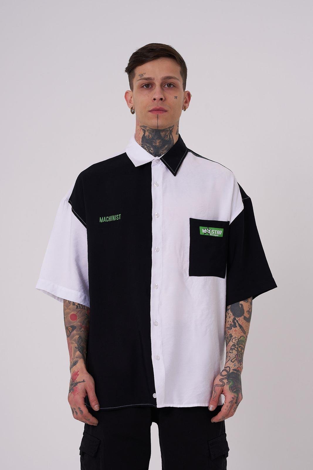 Erkek Kontrast Cepli Oversize Siyah Beyaz Gömlek